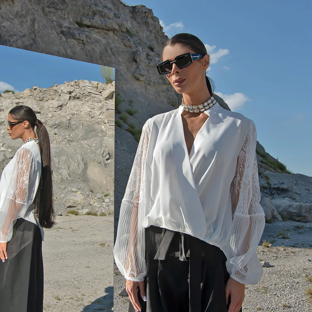 Риза с прехлупване и дантела