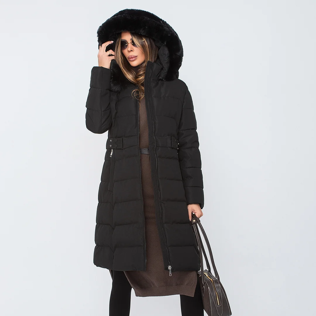 Дълго шушляково яке с качулка с косъм