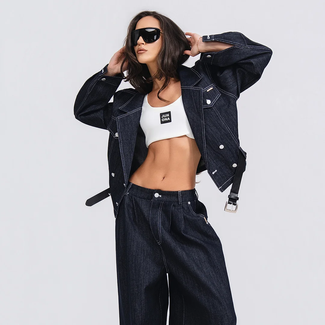 Свободно яке от деним с колан Junona